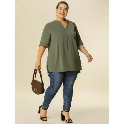 Agnes Orinda Women's Plus Size Casual Solid V Neck 1/2 Sleeve Tunic 2 Agnes Orinda Women's Plus Size Casual Solid V Neck 1/2 Sleeve Tunic - Image 2
