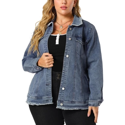 Agnes Orinda Women's Plus Size Denim Chest Pocket Frayed Washed Crop Jean Jackets 6 Agnes Orinda Women's Plus Size Denim Chest Pocket Frayed Washed Crop Jean Jackets - Image 6