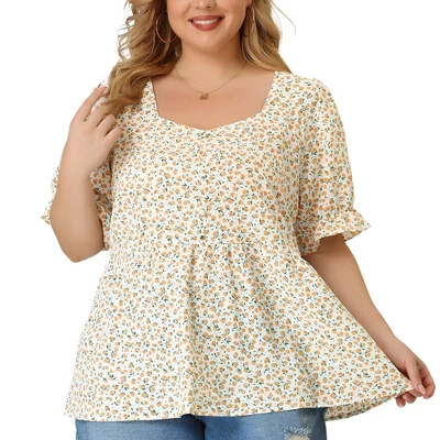 Agnes Orinda Women's Plus Size Floral Babydoll Peplum Waist Short Sleeve Blouses 6 Agnes Orinda Women's Plus Size Floral Babydoll Peplum Waist Short Sleeve Blouses - Image 6