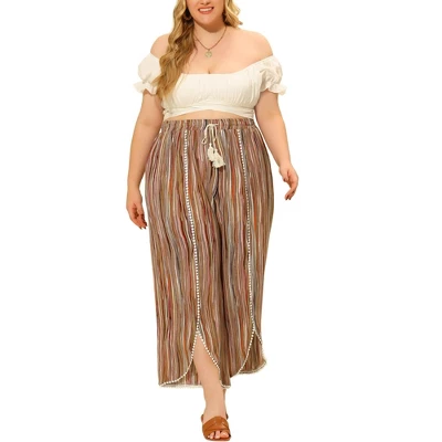 Agnes Orinda Women's Plus Size Split Elastic Waist Flowy Striped Casual Wide Leg Fashion Pants 1 Agnes Orinda Women's Plus Size Split Elastic Waist Flowy Striped Casual Wide Leg Fashion Pants