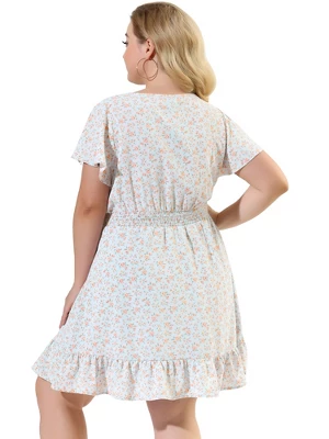 Agnes Orinda Women's Plus Size Dresses Floral Print Smocked Waist Flutter Sleeve Midi Dress 4 Agnes Orinda Women's Plus Size Dresses Floral Print Smocked Waist Flutter Sleeve Midi Dress - Image 4