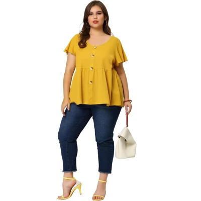 Agnes Orinda Women's Plus Size Summer Flare Sleeve Button Front Peplum Shirts 2 Agnes Orinda Women's Plus Size Summer Flare Sleeve Button Front Peplum Shirts - Image 2