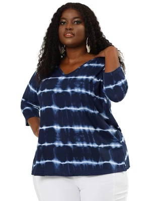 Agnes Orinda Women's Plus Size Tie Dye Side Slit 3/4 Sleeve Stripe V Neck Blouses 3 Agnes Orinda Women's Plus Size Tie Dye Side Slit 3/4 Sleeve Stripe V Neck Blouses - Image 3