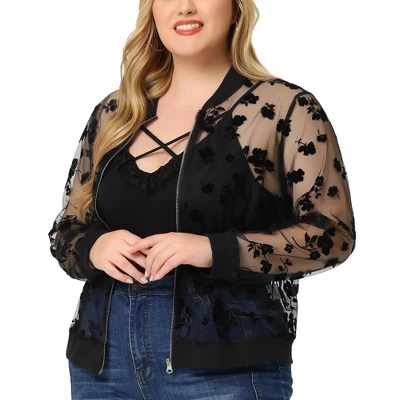 Agnes Orinda Women's Plus Size Bomber Mesh Sheer Floral Lace Long Sleeve Jackets 1 Agnes Orinda Women's Plus Size Bomber Mesh Sheer Floral Lace Long Sleeve Jackets