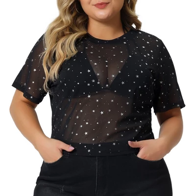 Agnes Orinda Women's Plus Size Silver Star Club Mesh Sheer Trendy Crop Blouses 5 Agnes Orinda Women's Plus Size Silver Star Club Mesh Sheer Trendy Crop Blouses - Image 5