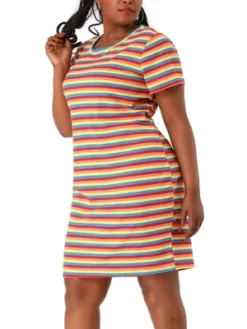 Agnes Orinda Women's Plus Size Rainbow Striped Curvy Fit Shirtdress