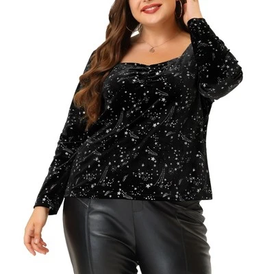 Agnes Orinda Women's Plus Size Top Sweetheart Neck Long Sleeve Stars Velvet Blouses 1 Agnes Orinda Women's Plus Size Top Sweetheart Neck Long Sleeve Stars Velvet Blouses