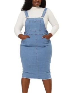 Agnes Orinda Women's Plus Size Bodycon Back Vent Raw Hem Denim Midi Overall Dresses