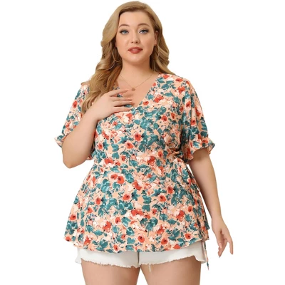 Agnes Orinda Women's Plus Size Blouse Floral Ruffle Sleeve Faux Wrap Peplum Top 3 Agnes Orinda Women's Plus Size Blouse Floral Ruffle Sleeve Faux Wrap Peplum Top - Image 3