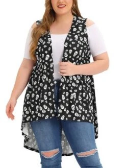 Agnes Orinda Women's Plus Size High Low Hem Skull Print Sleeveless Cardigans