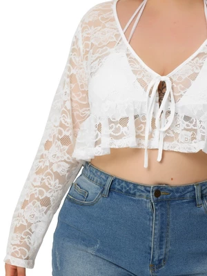 Agnes Orinda Women's Plus Size Shrug Tie Neck Bolero Crop Lace Sheer Ruffle Hem Cardigan 4 Agnes Orinda Women's Plus Size Shrug Tie Neck Bolero Crop Lace Sheer Ruffle Hem Cardigan - Image 4