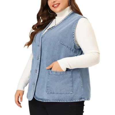 Agnes Orinda Women's Plus Size Sleeveless Denim Button Down V Neck Jean Vest 1 Agnes Orinda Women's Plus Size Sleeveless Denim Button Down V Neck Jean Vest