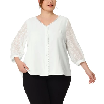 Agnes Orinda Women's Plus Size Spring Elegant Lace Sleeve Button-Down Blouse 5 Agnes Orinda Women's Plus Size Spring Elegant Lace Sleeve Button-Down Blouse - Image 5