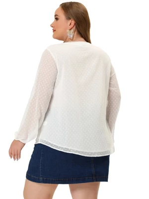 Agnes Orinda Women's Plus Size Swiss Dots V Neck Hollow Sheer Sleeves Blouses 3 Agnes Orinda Women's Plus Size Swiss Dots V Neck Hollow Sheer Sleeves Blouses - Image 3
