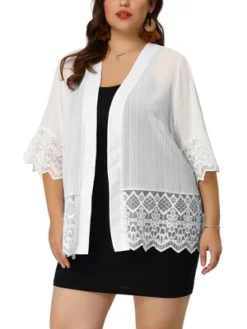 Agnes Orinda Women's Plus Size Cover-Up Lace Panel Texture Printed Boho Cardigans