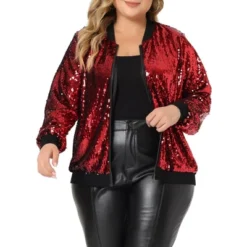 Agnes Orinda Women's Plus Size Party Metallic Sequin Sparkle Zip Bomber Jackets -Agnes Sales Store GUEST a8d85a8f 09f7 477d 8335 a4c064565bb9
