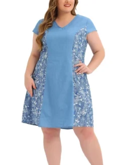 Agnes Orinda Women's Plus Size Chambray Wedding Floral A Line Knee Length Dress -Agnes Sales Store GUEST a932a500 c484 48fc b932 1987274292e1