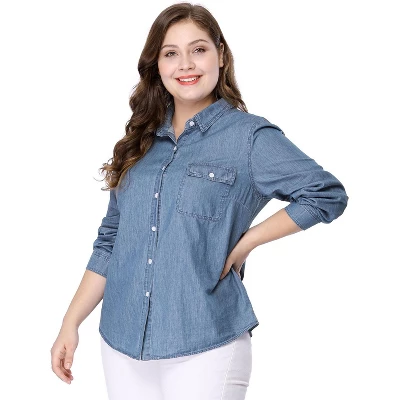 Agnes Orinda Women's Plus Size Denim Long Sleeve Chest Pocket Work Shirt 6 Agnes Orinda Women's Plus Size Denim Long Sleeve Chest Pocket Work Shirt - Image 6