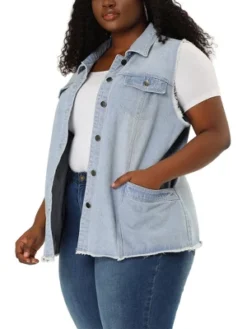Agnes Orinda Women's Plus Size Denim Button Down Raw Hem Denim Vests