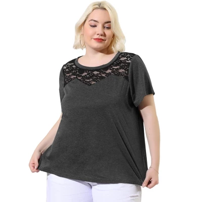 Agnes Orinda Women's Plus Size Lace Insert Short Sleeves Round Neck T-shirts 10 Agnes Orinda Women's Plus Size Lace Insert Short Sleeves Round Neck T-shirts - Image 10