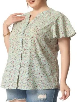 Agnes Orinda Women's Plus Size Floral Flare Short Sleeve Button Down Chiffon Shirt -Agnes Sales Store GUEST aaee97e8 a92d 4a7d 91ab 796eb2208212