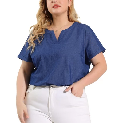 Agnes Orinda Women's Plus Size Blouse Work Short Sleeve V Neck Chambray Casual Tops 1 Agnes Orinda Women's Plus Size Blouse Work Short Sleeve V Neck Chambray Casual Tops