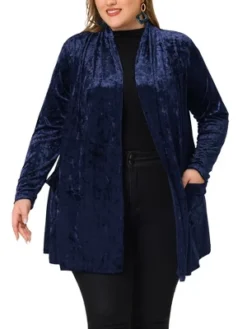 Agnes Orinda Plus Size Velvet Cardigans For Women Pocket Party Open Front Shawl