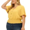 Agnes Orinda Women's Plus Size Smocked Waist V Neck Button Up Short Sleeve Shirred Blouse