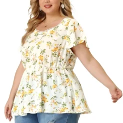 Agnes Orinda Women's Plus Size Floral Blouse Flare Sleeve Sweetheart Neck Elastic Waist Peplum Top