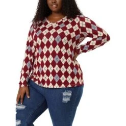 Agnes Orinda Women's Plus Size V Neck Argyle Long Sleeve Stretch Knit Pullover Top -Agnes Sales Store GUEST adce3b41 6c81 4372 b686 4d1b096752ef