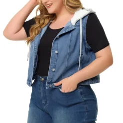 Agnes Orinda Women's Plus Size Button Down Drawstring Hood Denim Utility Jacket With Pocket -Agnes Sales Store GUEST ae13a8ea fa50 4ae0 b37f 5ae558d5ffb0