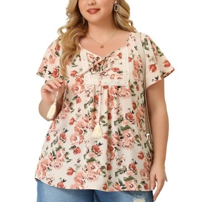 Agnes Orinda Women's Plus Size Chiffon Blouses Tie Neck Tassel Lace Insert Flare Short Sleeve Floral Tops 6 Agnes Orinda Women's Plus Size Chiffon Blouses Tie Neck Tassel Lace Insert Flare Short Sleeve Floral Tops - Image 6