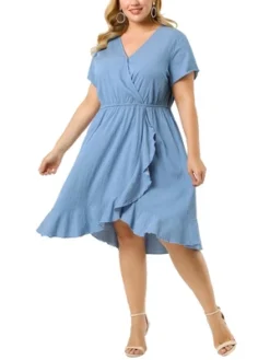 Agnes Orinda Women's Plus Size Faux Wrap Elastic Waist V Neck Chambray Ruffle Dress