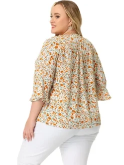 Agnes Orinda Women's Plus Size Pleated Ruffle 3/4 Sleeves V Neck Floral Blouse -Agnes Sales Store GUEST aedf42ed 0f1f 4cf0 9383 370b64a16a2e