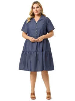 Agnes Orinda Women's Plus Size Babydoll Half Placket Elastic Back Button Chambray Dresses -Agnes Sales Store GUEST af04f760 757d 4ed2 a2f1 f47e38de8b6f