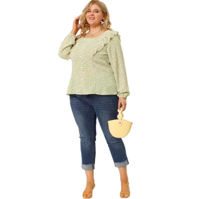 Agnes Orinda Women's Plus Size Blouses Long Sleeve Square Neck Ditsy Ruffle Floral Tops 2 Agnes Orinda Women's Plus Size Blouses Long Sleeve Square Neck Ditsy Ruffle Floral Tops - Image 2