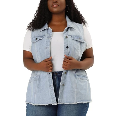 Agnes Orinda Women's Plus Size Denim Button Down Raw Hem Denim Vests 6 Agnes Orinda Women's Plus Size Denim Button Down Raw Hem Denim Vests - Image 6
