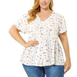 Agnes Orinda Women's Plus Size V Neck Ruffle Hem Short Sleeve Cinched Waist Floral Peplum Top