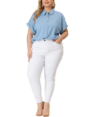 Agnes Orinda Women's Plus Size Chambray Work Roll Sleeves Buttons Down Shirts 1 Agnes Orinda Women's Plus Size Chambray Work Roll Sleeves Buttons Down Shirts