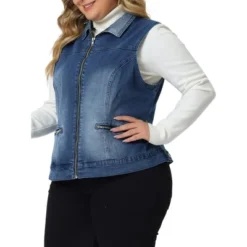 Agnes Orinda Women's Plus Size Causal Sleeveless Zip Washed Denim Vests