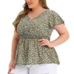 Agnes Orinda Women's Plus Size Peplum Top Flare Sleeve Casual V Neck Smocked Waist Floral Blouses -Agnes Sales Store GUEST b052c795 0b86 4593 9ffd d57feb14c655