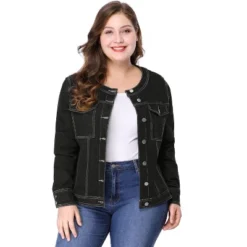 Agnes Orinda Women's Plus Size Jean Jacket Long Sleeves Collarless Denim Jacket -Agnes Sales Store GUEST b2009cab f73a 4208 9530 fd8d3c4f25cf