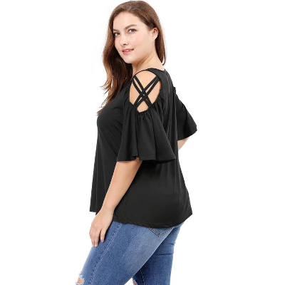 Agnes Orinda Women's Plus Size Summer Fashion Cold Shoulder Ruffle Trumpet Sleeve Blouses 4 Agnes Orinda Women's Plus Size Summer Fashion Cold Shoulder Ruffle Trumpet Sleeve Blouses - Image 4