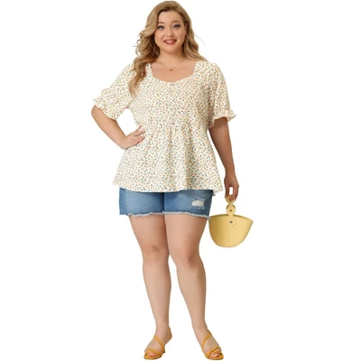 Agnes Orinda Women's Plus Size Floral Babydoll Peplum Waist Short Sleeve Blouses 2 Agnes Orinda Women's Plus Size Floral Babydoll Peplum Waist Short Sleeve Blouses - Image 2