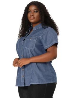 Agnes Orinda Women's Plus Size Jeans Short Sleeve Chest Pocket Button Down Denim Shirts -Agnes Sales Store GUEST b38be9ec 6bc1 4f17 8be4 76d3e56f0370