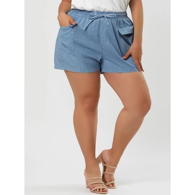 Agnes Orinda Women's Plus Size Drawstring Elastic Waist Pockets Denim Shorts 1 Agnes Orinda Women's Plus Size Drawstring Elastic Waist Pockets Denim Shorts