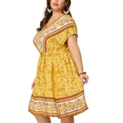 Agnes Orinda Women's Plus Boho Floral Pattern V Neck Drop Shoulder Drawstring Waist Dresses