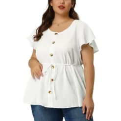 Agnes Orinda Women's Plus Size Blouse Round Neck Button Decor Drawstring Elastic Back Bell Sleeve Summer Tops -Agnes Sales Store GUEST b411db92 fc1c 4f0f 9943 041f052f2141