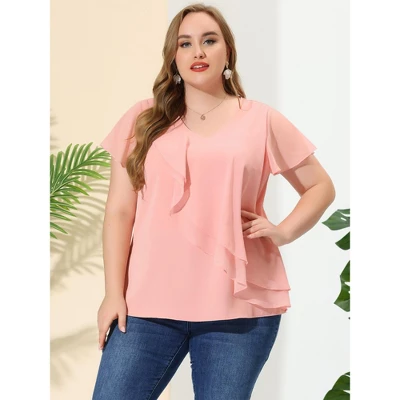Agnes Orinda Women's Plus Size Elegant V Neck Layered Ruffle Summer Outfits Blouses 2 Agnes Orinda Women's Plus Size Elegant V Neck Layered Ruffle Summer Outfits Blouses - Image 2