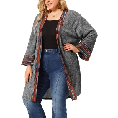 Agnes Orinda Women's Plus Size Contrast Placket Sleeves Knit Open Front Cardigans 6 Agnes Orinda Women's Plus Size Contrast Placket Sleeves Knit Open Front Cardigans - Image 6